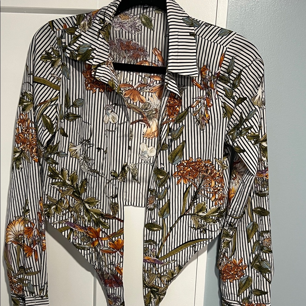 Fashion Nova Striped Floral Crop Shirt - Black, White & Rust